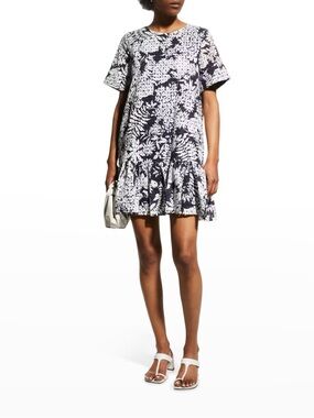 Milly Brynn Floral Print Eyelet Drop Waist Mini Dress Navy White S